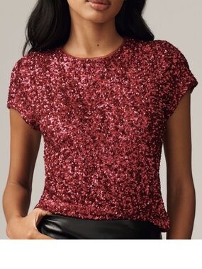 Maeve Sequin Short-Sleeve Top Pink large NWT